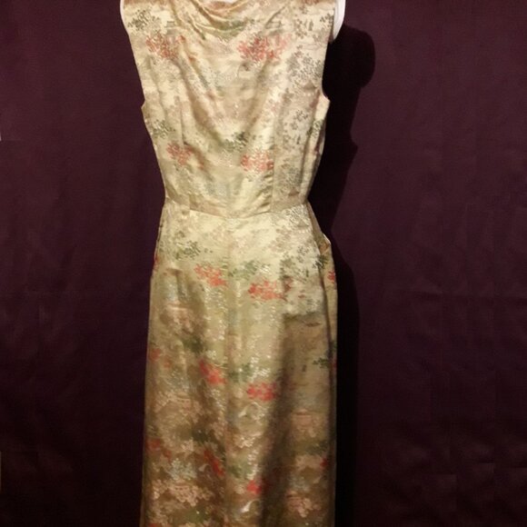 Fabulous Vintage Embroidered Gold Silk Cocktail Sheath Wiggle Dress 50s 60s - Picture 4 of 9